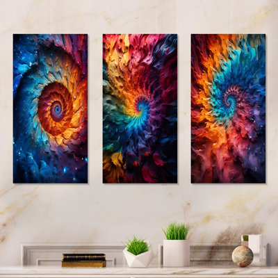 Colorful Space Fractal Vortex I - Abstract Spirals Metal Wall Art Set Of 3
