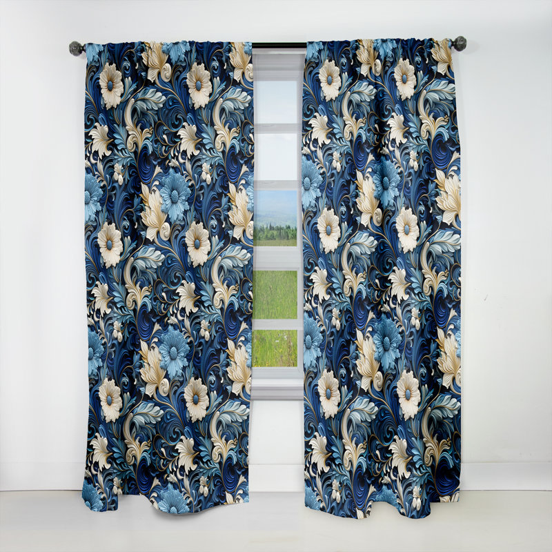 Motif victorien à volutes bleues et volutes - Panneaux de rideaux floraux, L 52 po x L 63 po