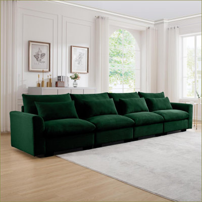 Canapés-lits, siège profond moderne 4 places avec 4 coussins de taille pour le salon | Vert sauge | Velours côtelé