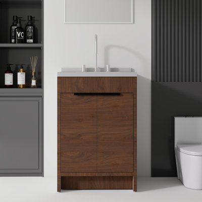 Meuble-lavabo autoportant de 24 po avec lavabo, porte à fermeture douce, comptoir et dosseret en marbre de granite blanc de 2 po, contreplaqué, brun