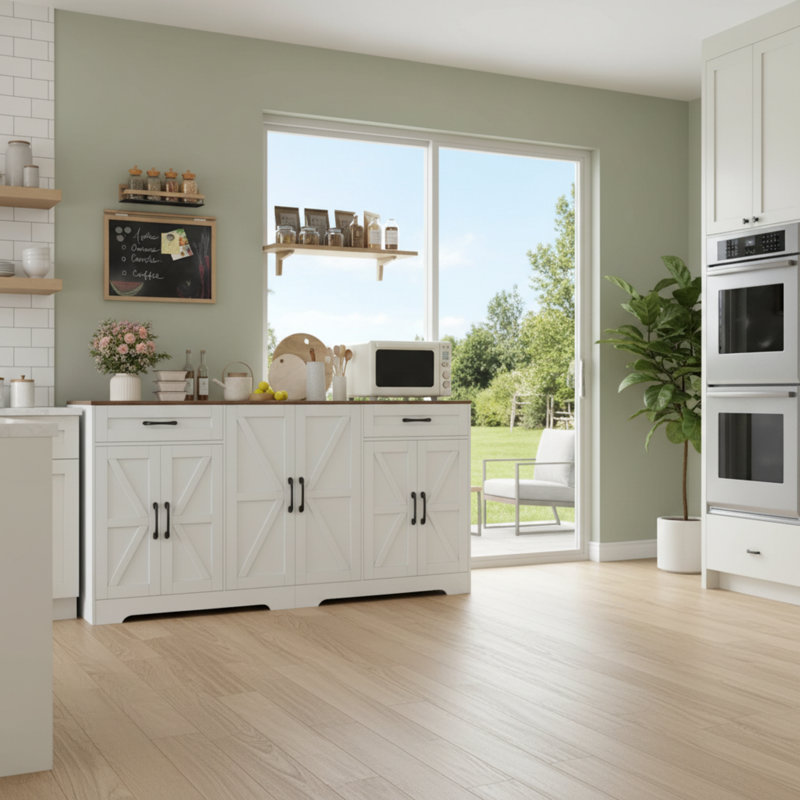 White Six-Door Farmhouse-Style Sideboard With Two Adjustable Shelves.