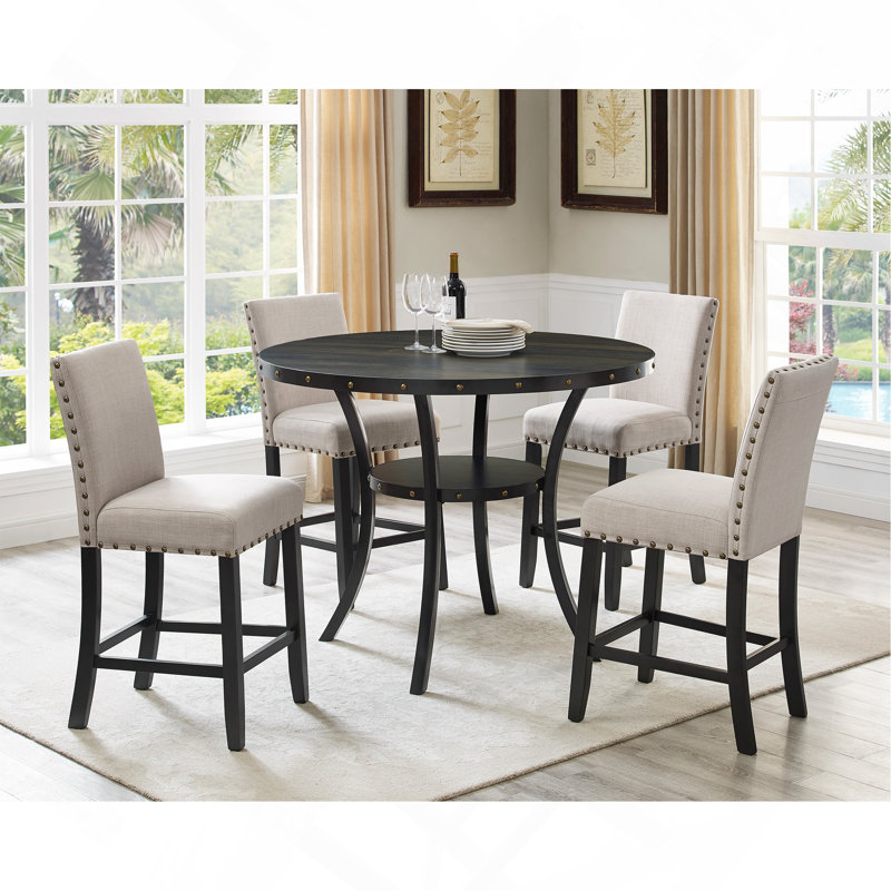Ensemble de table de salle à manger à hauteur de comptoir en bois espresso, tabourets en tissu brun clair avec garniture cloutée