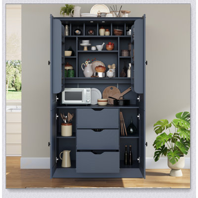 Armoire de cuisine autoportante avec 4 portes, 3 tiroirs, 6 tablettes et 6 supports à vin pour un rangement et une organisation efficaces