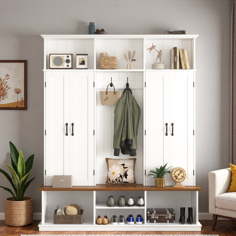 Hall Tree With Bench, Top Cubbies, Bottom Storage Space, Cabinets And Hooks, White