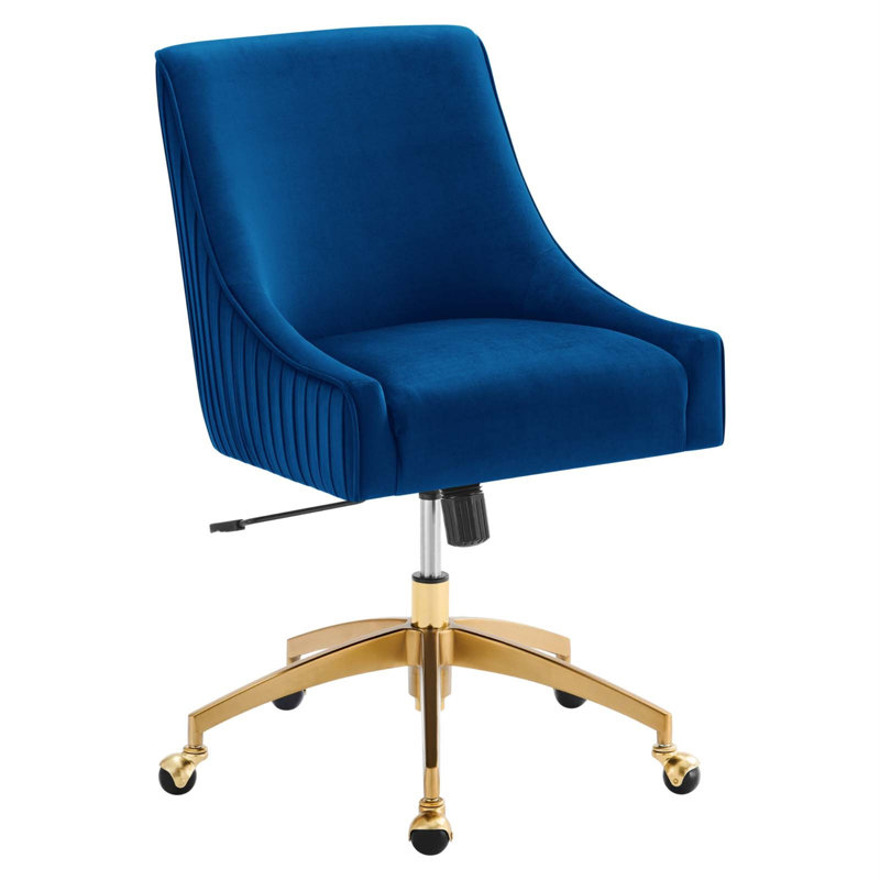 Navy Velvet and Gold Swivel Office Chair with Wood Accents