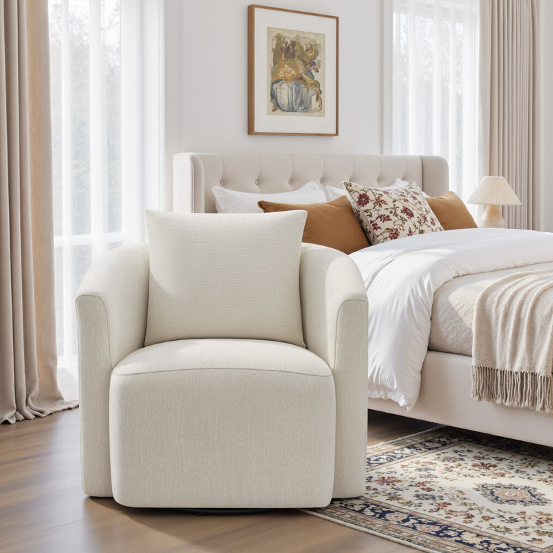 Chenille Upholstered 360° Swivel Barrel Chair, Modern Accent Chair With Pillow, Beige