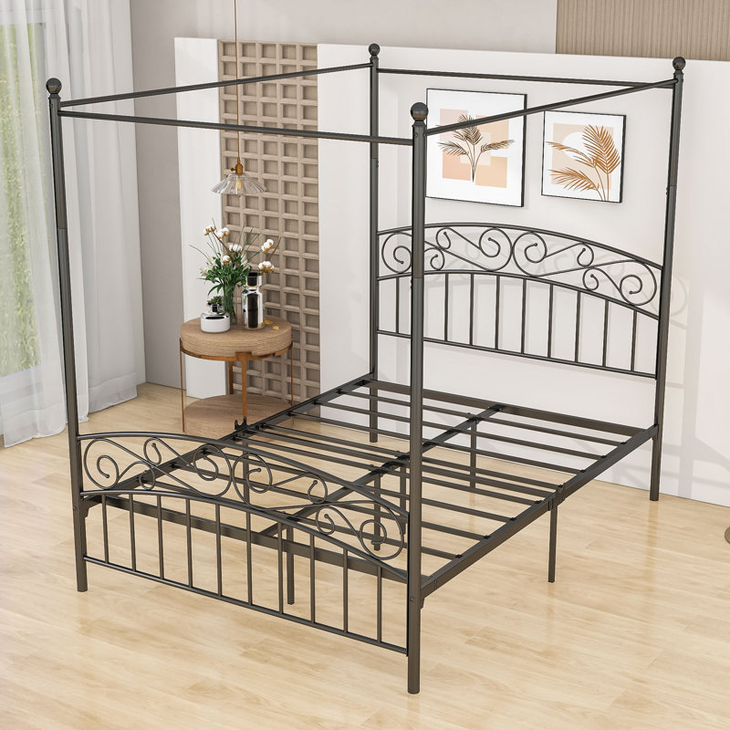 Ebrahima Metal Canopy Bed with Headboard, Black, Queen