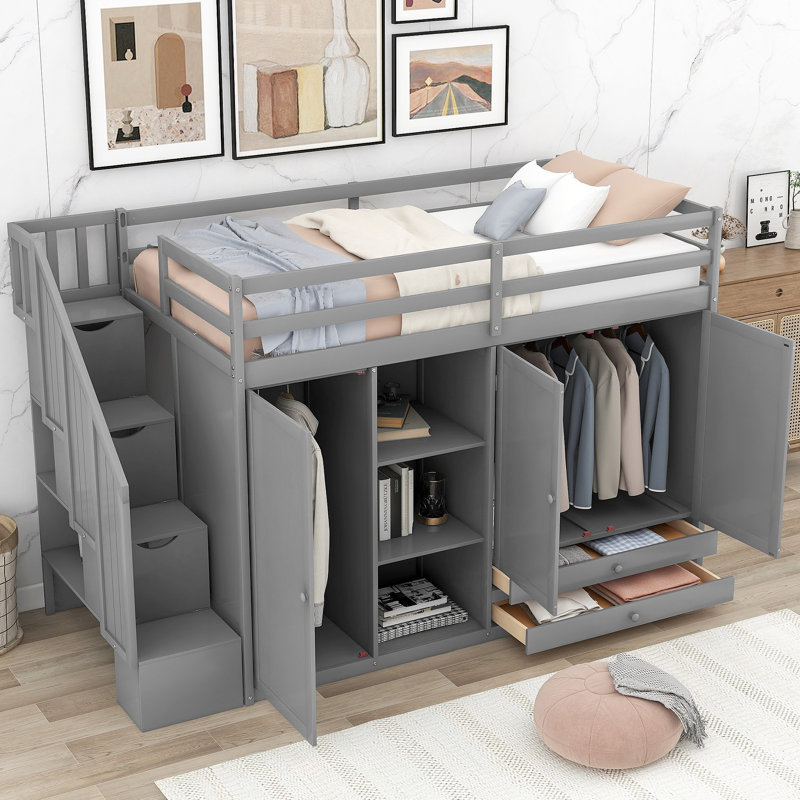 Lit mezzanine fonctionnel avec 3 tablettes, 2 armoires et 2 tiroirs, échelle avec rangement, aucun sommier nécessaire, Gris