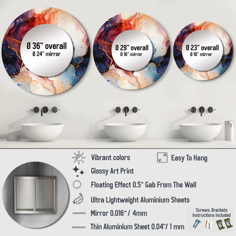 Red And Blue Celestial Radiance Marble Bliss - marble  Mirror, Modern Round Unique Wall Mirror, Printed Metal Art, 36" x 36"
