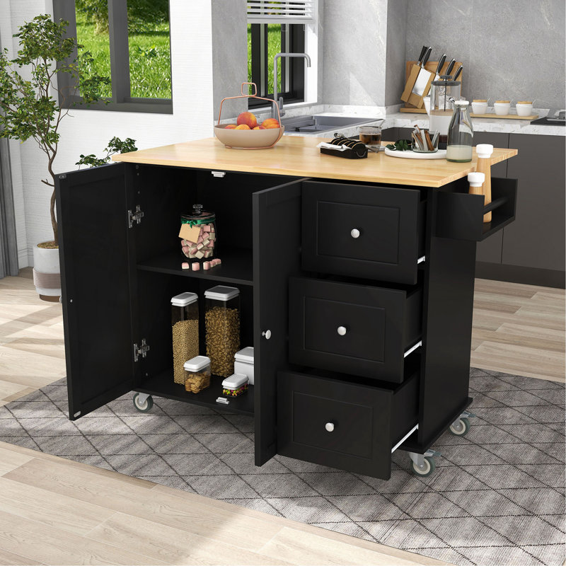 Rolling Mobile Kitchen Island With Solid Wood Top And Locking Wheels,52.7 Inch Width,Storage Cabinet And Drop Leaf Breakfast Bar,Spice Rack, Towel Rack & Drawer