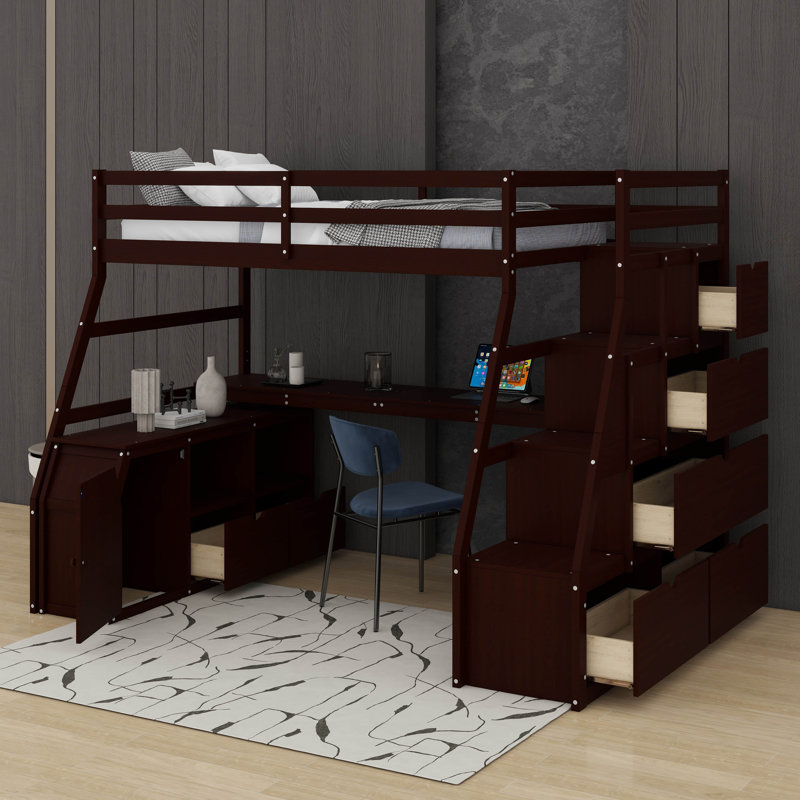 Lit mezzanine simple avec tiroirs, tablettes et bureau, Espresso