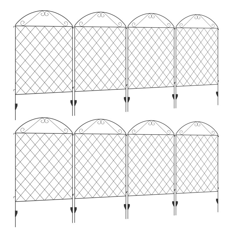 8 Panels Black Decorative Garden Fence with Swirl Top, 110cm Metal Wire Picket Fence Panels for Lawn Edging, Flower Bed, Stake-In Installation
