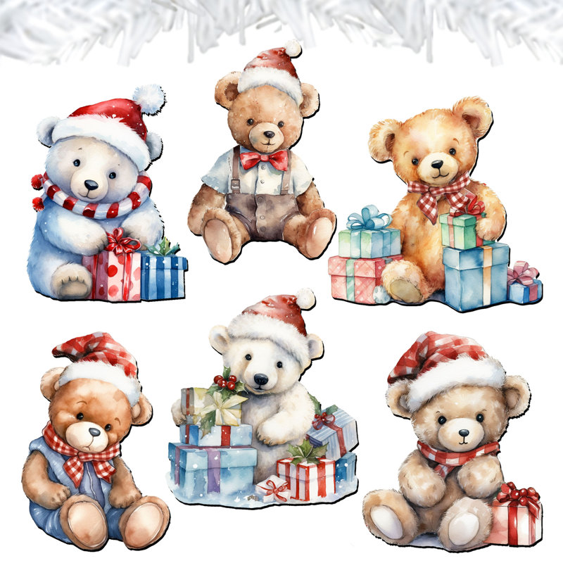 Ensemble de 6 décorations décoratives à pince en forme d'ours en peluche de Noël par G. Debrekht