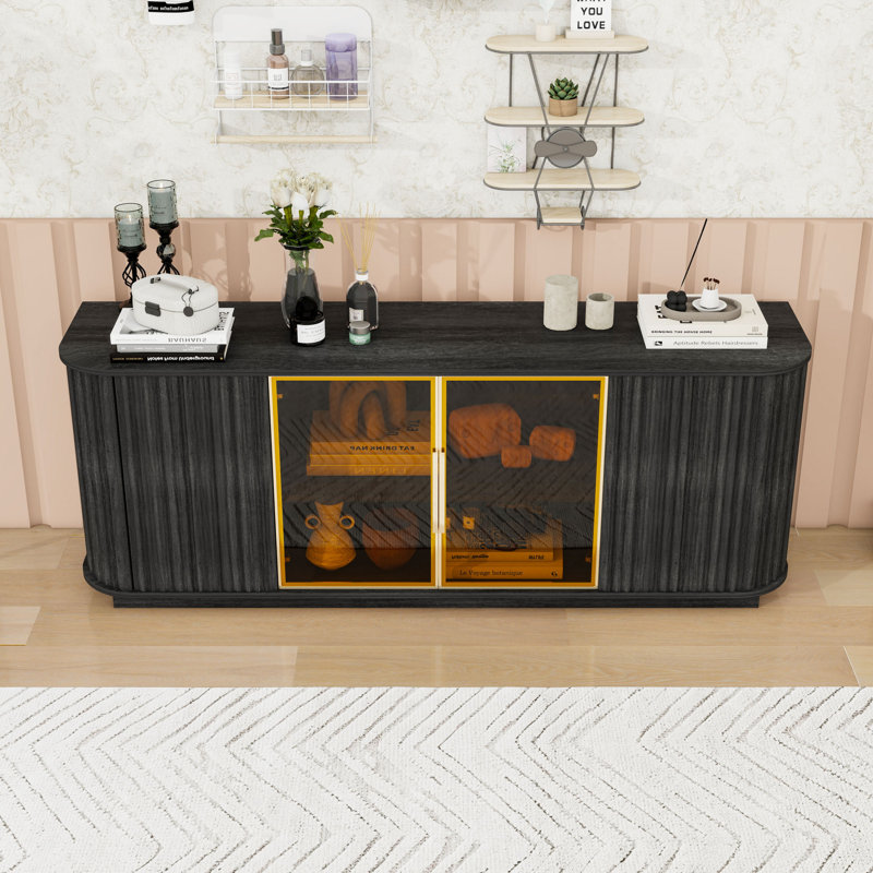 Buffet avec lumières DEL, portes en verre trempé et armoire de rangement, meuble télé pour le salon