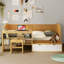 Lit de jour simple en bois avec tablettes de rangement et casiers, lit multifonctionnel avec bureau d'étude et tabouret assorti-317611659