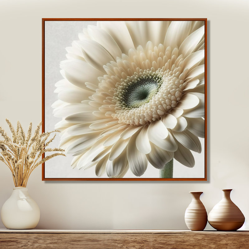 Gerbera blanche III - art mural Gerbera, H 36 po x l 36 po, Cadre flottant brun
