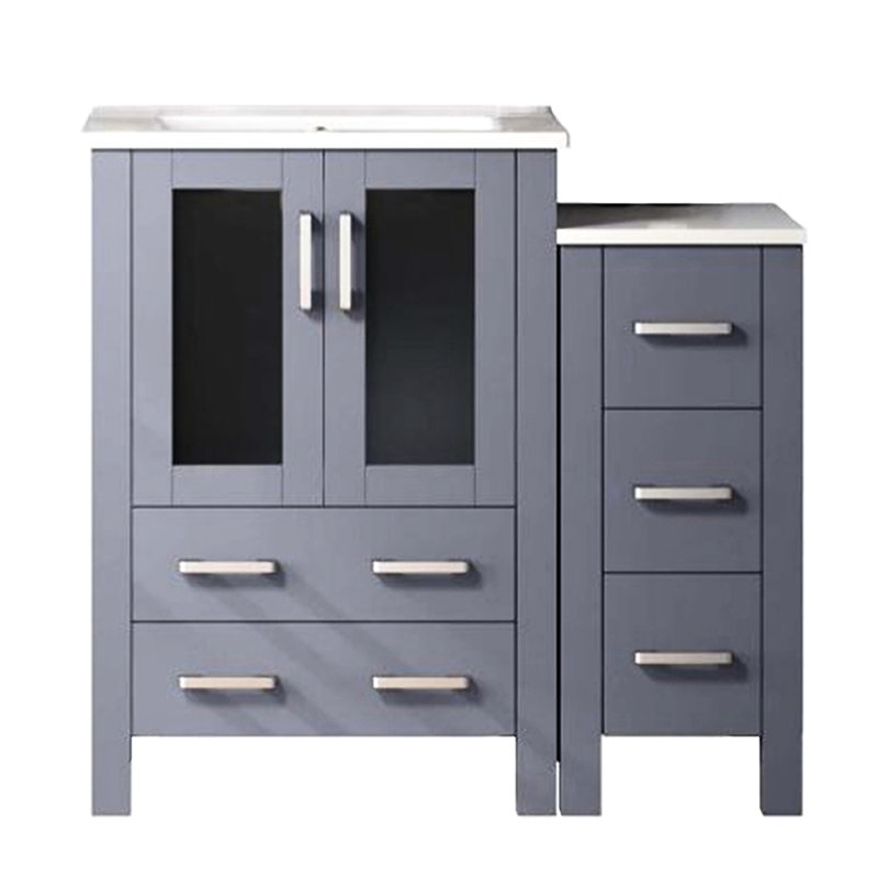 Meuble-lavabo gris foncé 36 po W, armoire latérale, surface en céramique blanche, miroir de 22 po, meuble-lavabo à fermeture douce et grand meuble-lavabo, commode, tiroirs