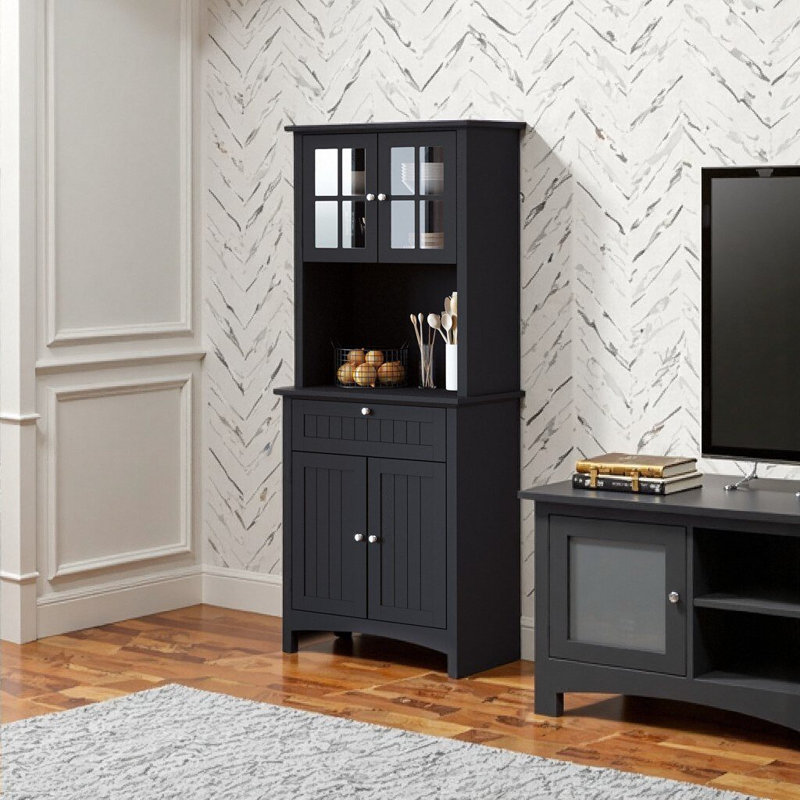 Black Buffet with Hutch - Kitchen Pantry Storage Cabinet with Framed Glass Doors, Drawer & Microwave Space, Black