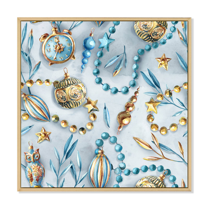 «Blue and Gold Christmas Tree Ornaments», reproduction d'art sur toile moderne, Cadre flottant érable
