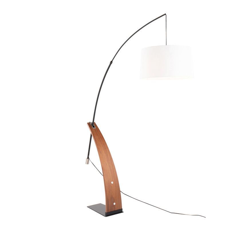 Robyn Mid-Century Modern Floor Lamp in Walnut Wood and Black Metal with White Linen Shade