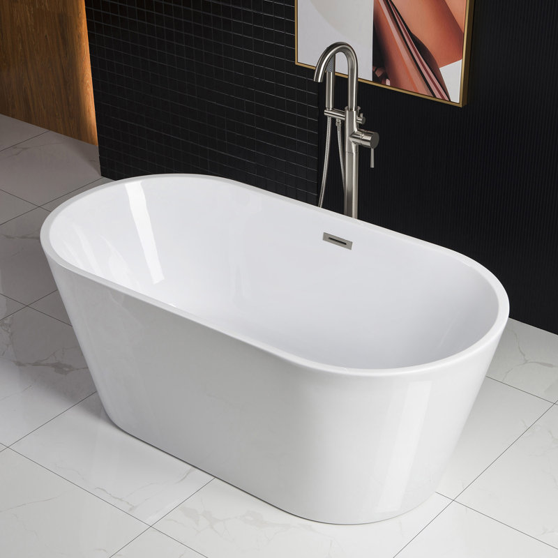 59'' x 29.5'' Freestanding Soaking Acrylic Bathtub, Brushed Nickel, White