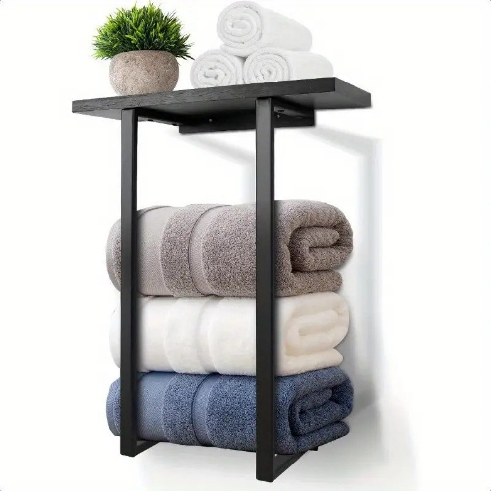 AirPartyPros Modern Wall-Mounted Towel Rack With Black Wooden