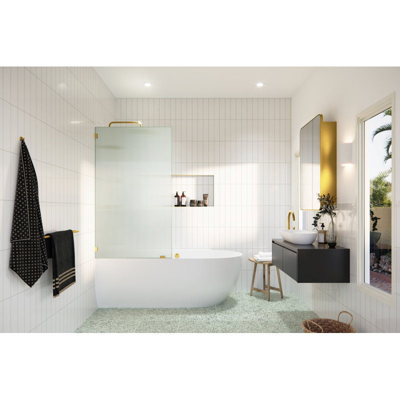 Gaia 30 in. x 58.25 in. Frameless Fluted Single Fixed Bath Panel, Satin Brass