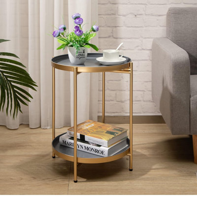 Thorkil Round Side Table Metal End Table, 2-Tier Tray Snack Table Coffee Table Tea Table Nightstand Sofa Table for Living Room Bedroom Balcony Patio, Grey & Gold