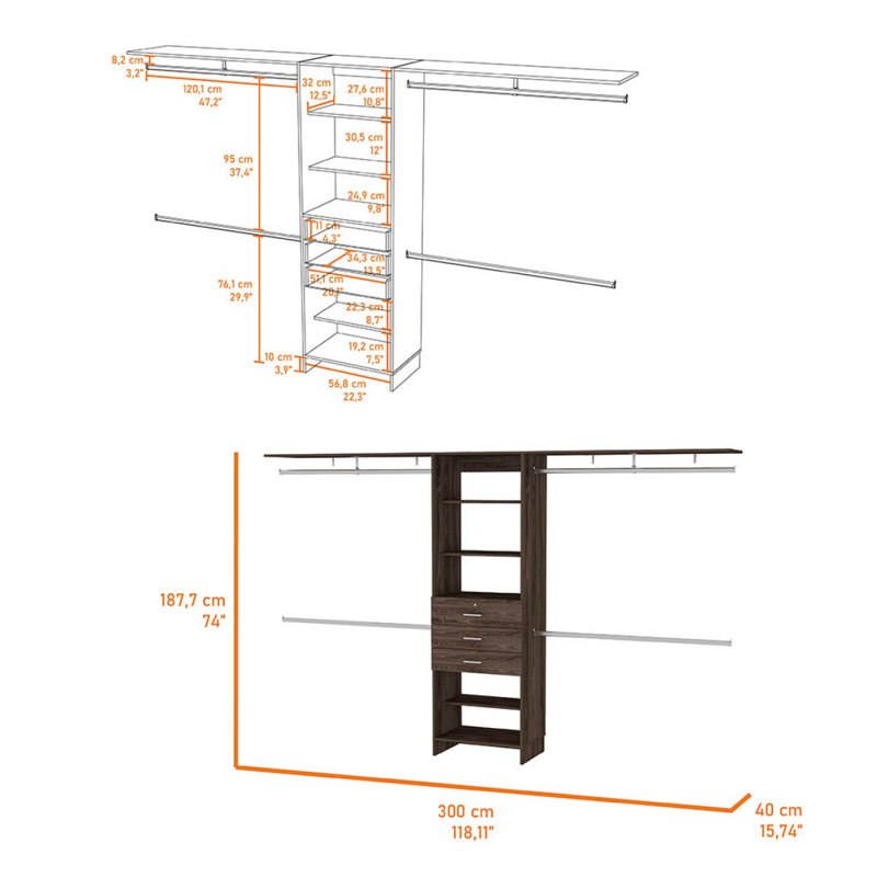 Brentwood 3Drawer 4Shelf Closet System Dark Walnut, 74.07" H x 118.17" W x 15.2" D, Brown
