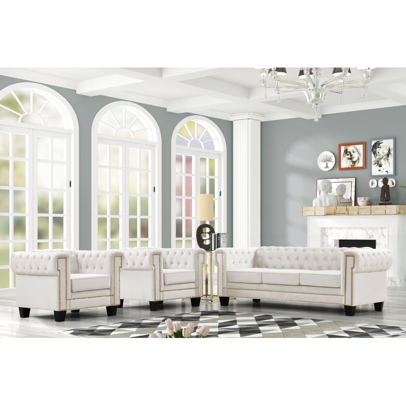 Ensemble de salon en velours 3 pièces Shoko, Blanc