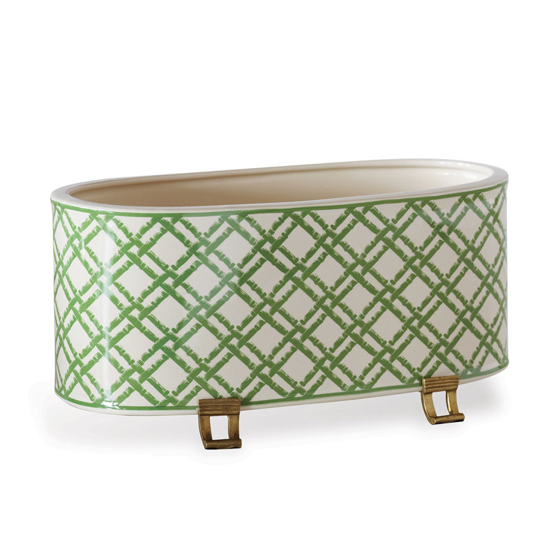 Meadow Green and Cream Porcelain Oval Planter with Brass Feet
