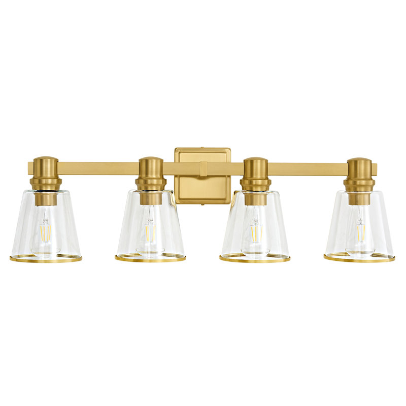 Luminaire de meuble-lavabo moderne à intensité variable Milasia avec abat-jour en verre transparent conique, Doré, 4
