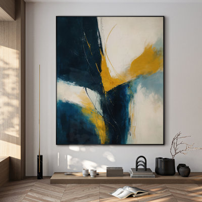 Très grand art mural imprimé sur toile - Rafale de couleur abstraite marine et dorée, décor contemporain pour salon ou chambre à coucher - «Assemblage requis du cadre (cadre non fini)»