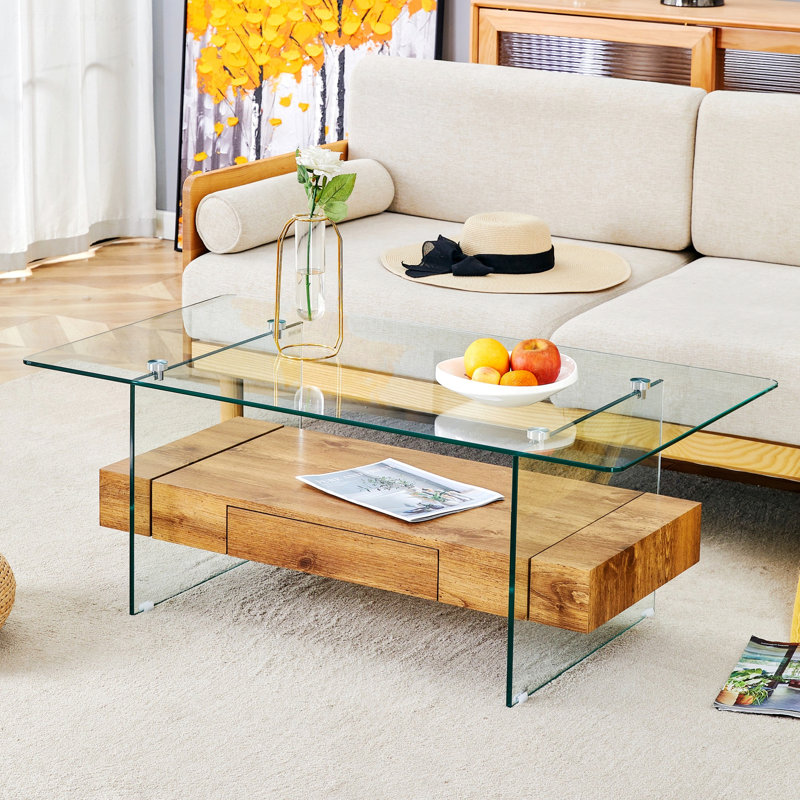 Table basse à dessus en verre, Bois naturel