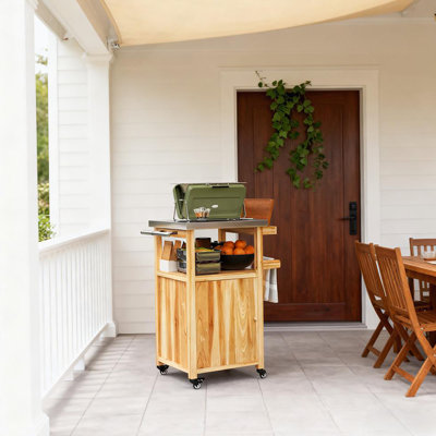 Îlot de cuisine en bois, chariot de barbecue extérieur, avec plateau en acier inoxydable, roues, trou intégré