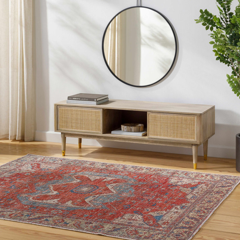 Kay Red Machine Washable Area Rug, Rectangle 9'10" x 13'