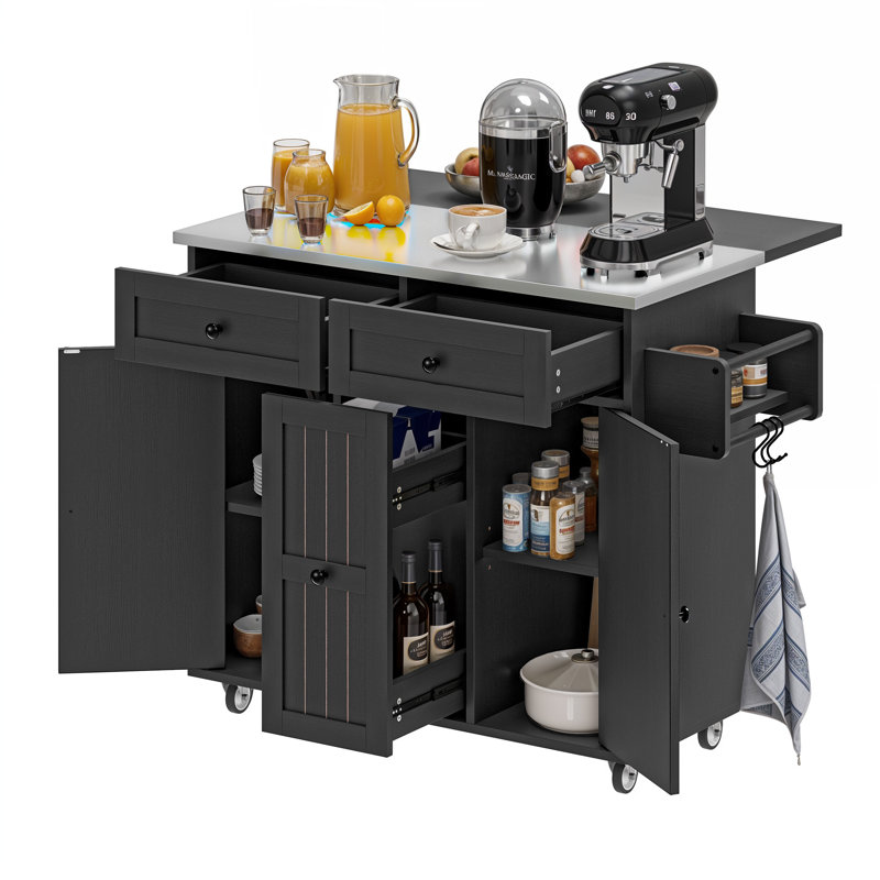  Kitchen Island With Drop Leaf & Wheels, 40.5" Mobile Cart With Storage Drawers & Locking Casters, Black