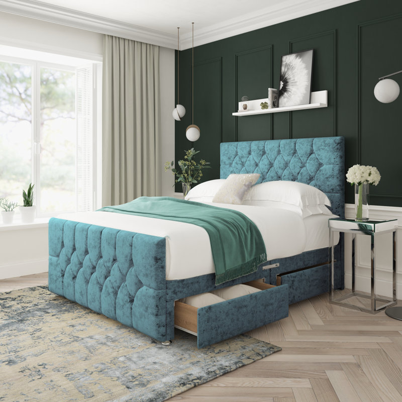 Upholstered Bed, Single (3'), Teal, Right Side Drawers
