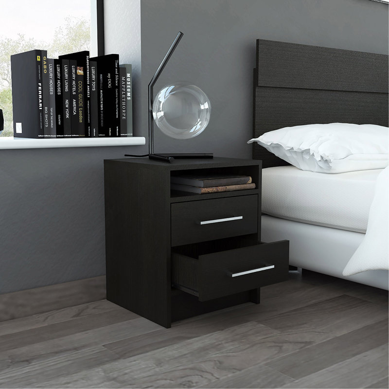 2-Drawer 1-Shelf Rectangle Nightstand Wenge, Black