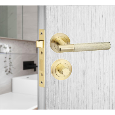  Knurled T-Bar Bathroom Door Handle Set in Satin Brass with Thumbturn and Mortise Lock