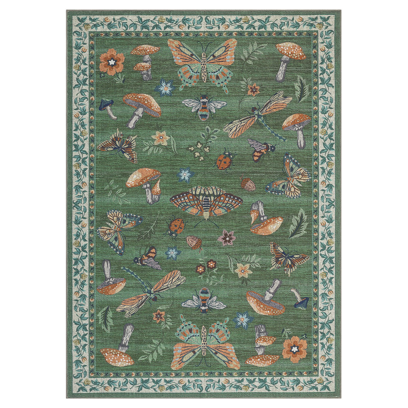 Floral Machine Washable Rug with Non-Slip Backing, Soft Thin Low Pile Non Shedding Floor Carpet, Indoor Foldable Printed Accent Mat for Living Room/Nursery/Bedroom