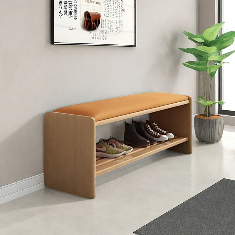 35.4in Shoe Change Stool Shoe Storage Bench, Orange/Natural Wood