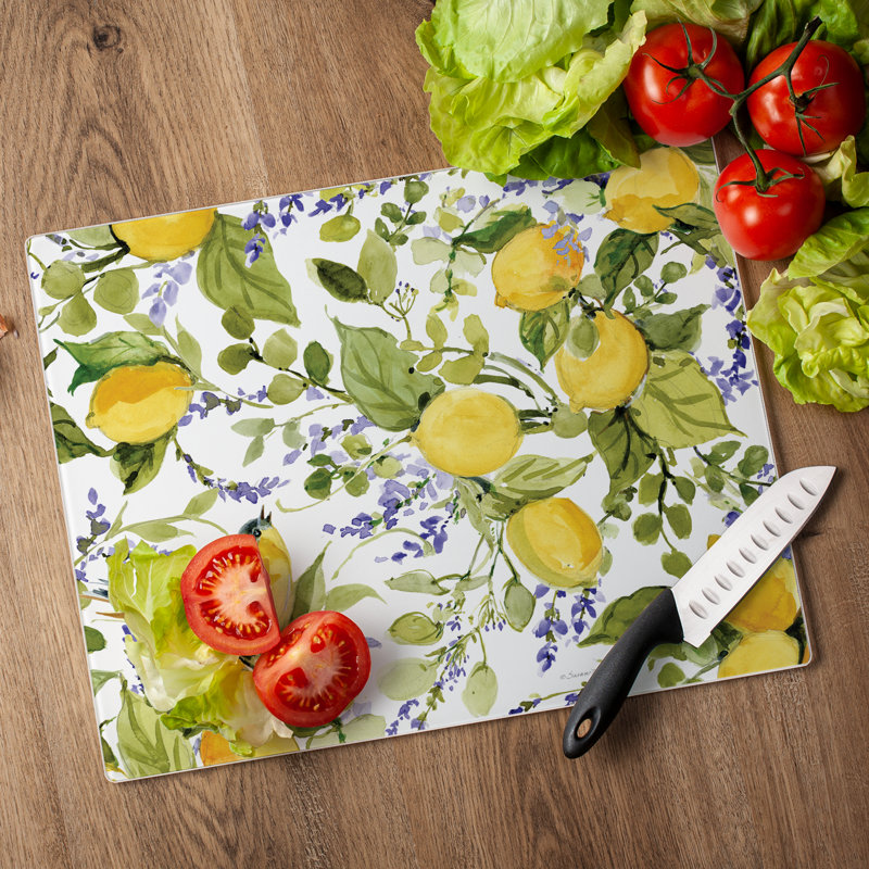 Watercolor Lemons Tempered Glass Cutting Board with Non-Slip Feet