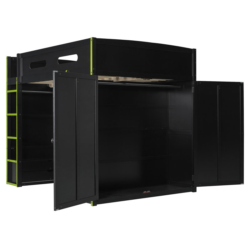 Lit mezzanine double en bois avec bureau, Vert