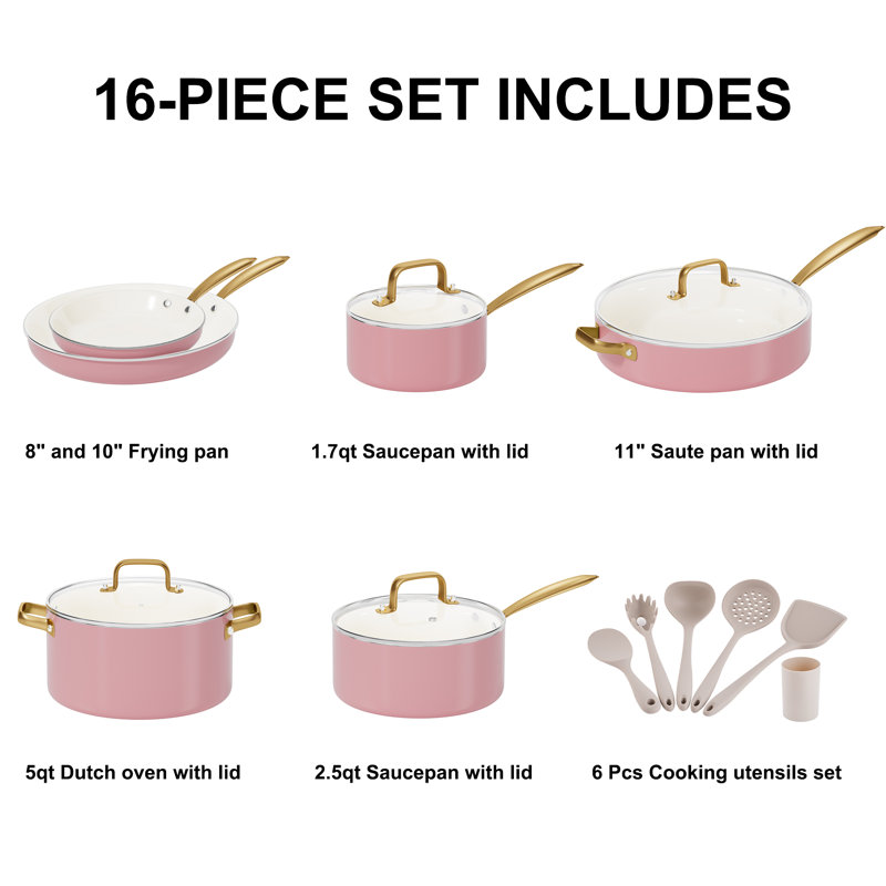 Batterie de cuisine en céramique antiadhésive 15 pièces allant au four, Rose