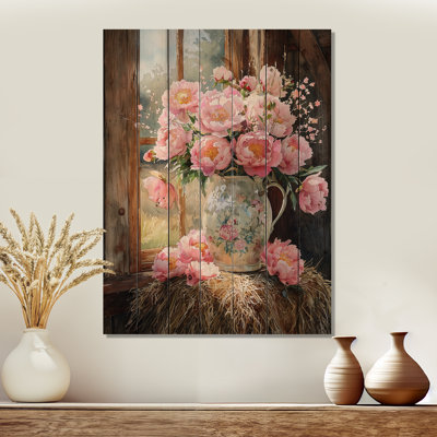 Bouquet de pivoines champêtres dans un vase de lait II - Assortiment de bouquets de bois sur bois de pin naturel