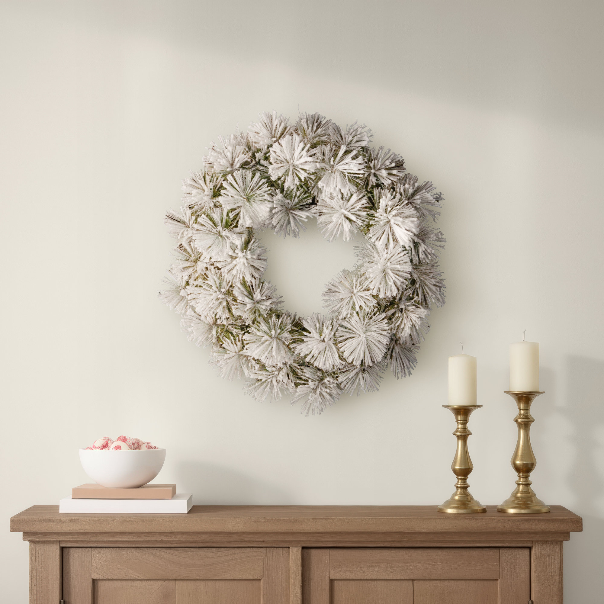 The Holiday Aisle® 24" Snowy Bristle Pine Wreath with Battery Operated Warm White LED Lights, Pine