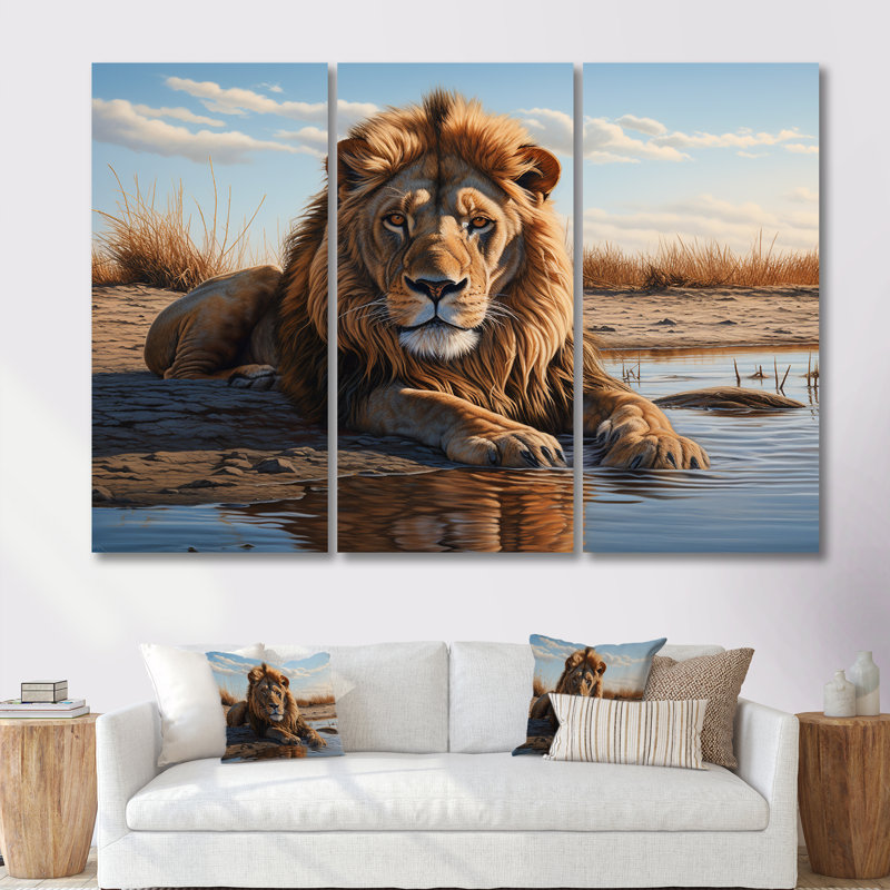 Lion se reposant au bord de la piscine d'eau, Toile tendue, H 40 po x l 60 po x P 1 po