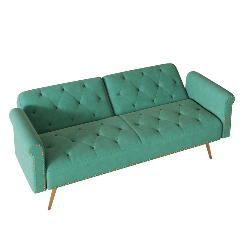 Lit de 69,7 pouces, velours, 2 sièges, conception moderne, chambre à coucher, garniture cloutée, pieds en métal doré, rembourrage en éponge, assemblage avec des moyens simples et des marches