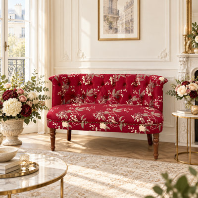 Canapé deux places capitonné à motifs floraux, banquette deux places à boutons capitonnés, canapé d'appoint vintage en tissu fleuri pour entrée ou salon, rouge